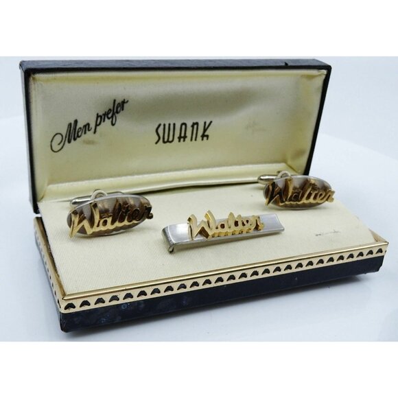 WALTER Name Vintage Cufflinks Tie Clip Bar Set Swank NOS Original Box 1950s - Picture 2 of 7